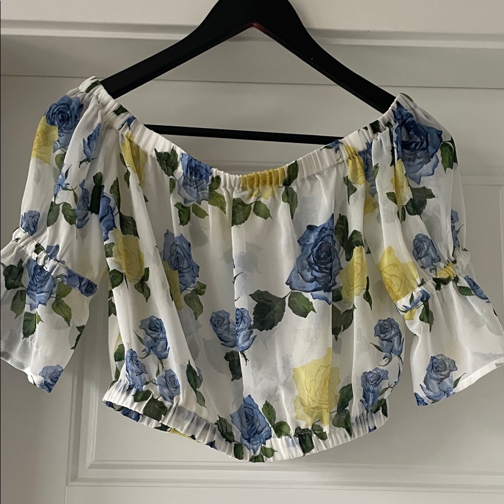 The Kooples Blue and Yellow Floral Off-Shoulder Blouse